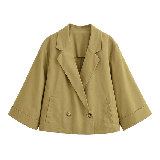 Women's new fashion loose linen blend double breasted suit coat