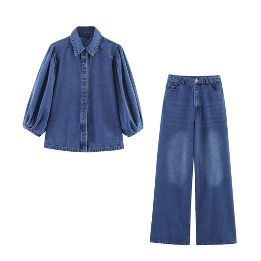 Suit women's 2 pieces 2025 fashion denim shirt retro women+pants women's suit