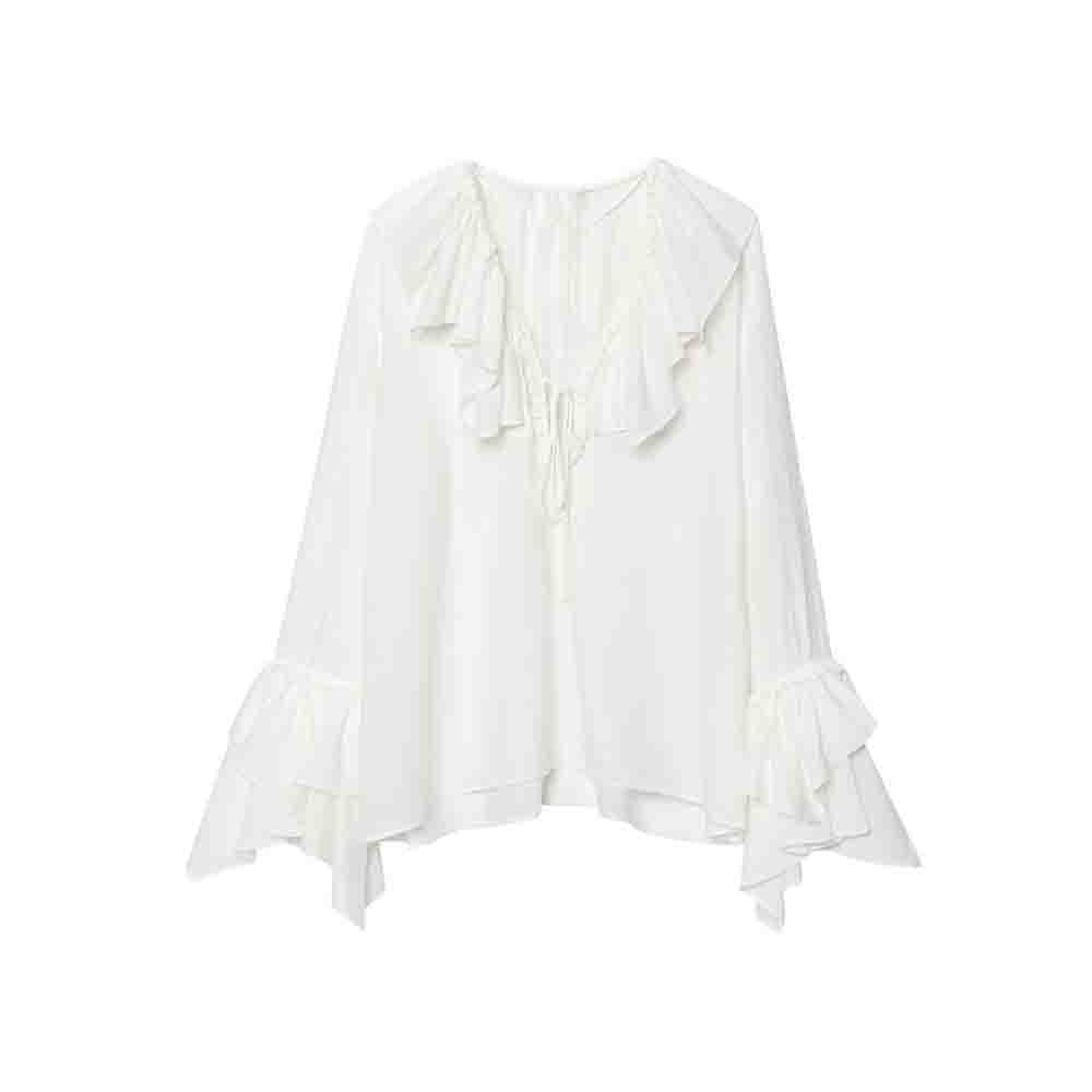 Women's new fashion layered decoration loose V-neck lace up long sleeved shirt