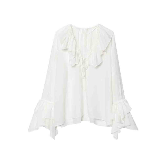 Women's new fashion layered decoration loose V-neck lace up long sleeved shirt