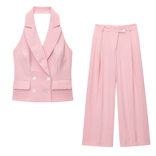 Women's new fashion sleeveless double breasted halter neck vest +Pants suit