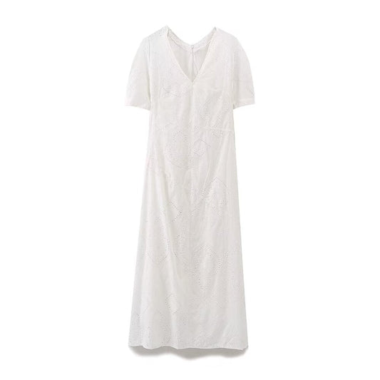 Women's new fashion short sleeved V-neck hollow embroidery MIDI dress