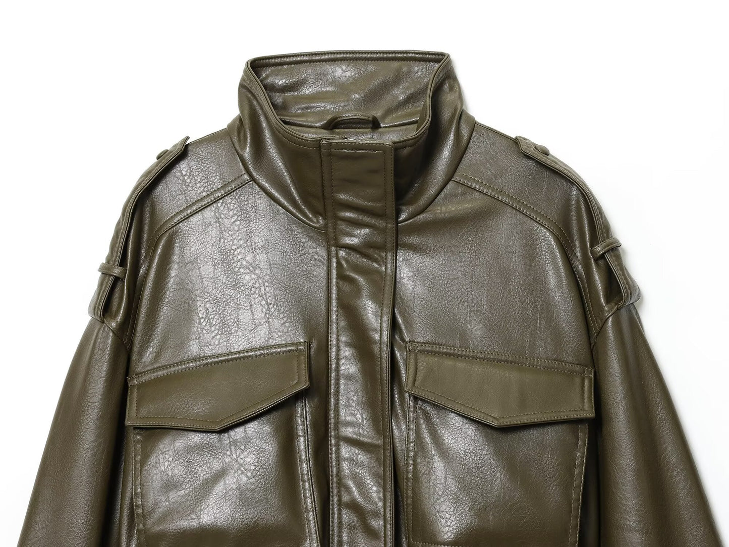 Women's new fashion faux leather effect short stand collar jacket Coat