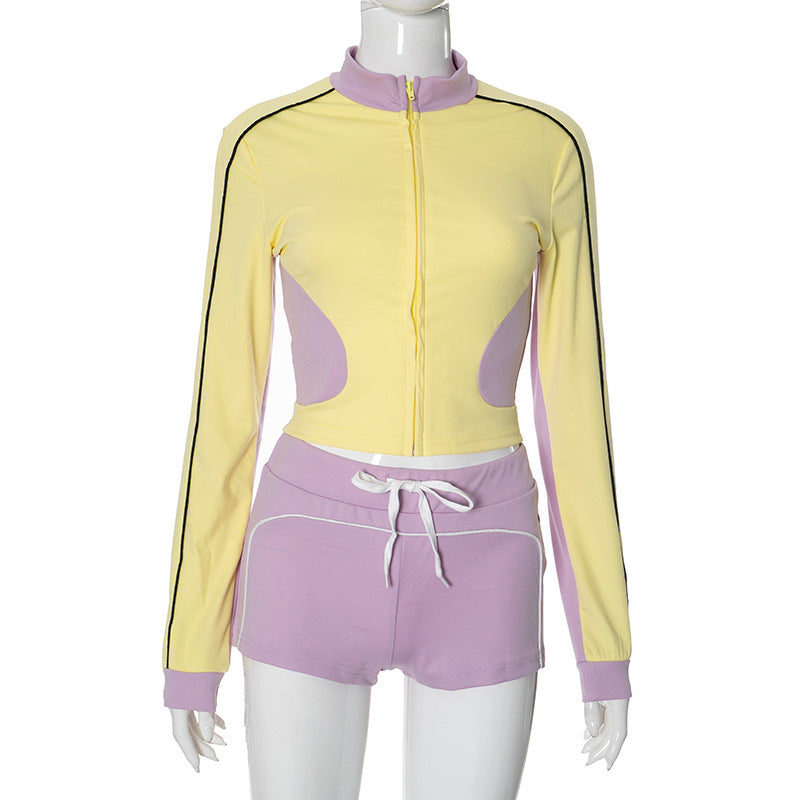 Women's New Stand-up Collar Slim Fitness Clothes Slim Top Sports Coat Shorts Suit