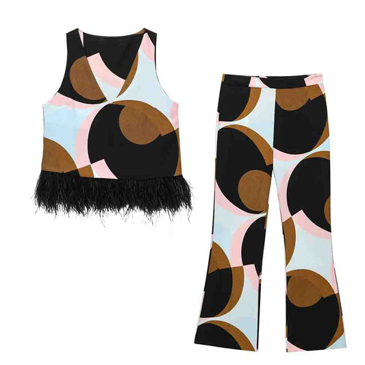 set woman 2 pieces New feather decoration printed V-neck top+Pants suit