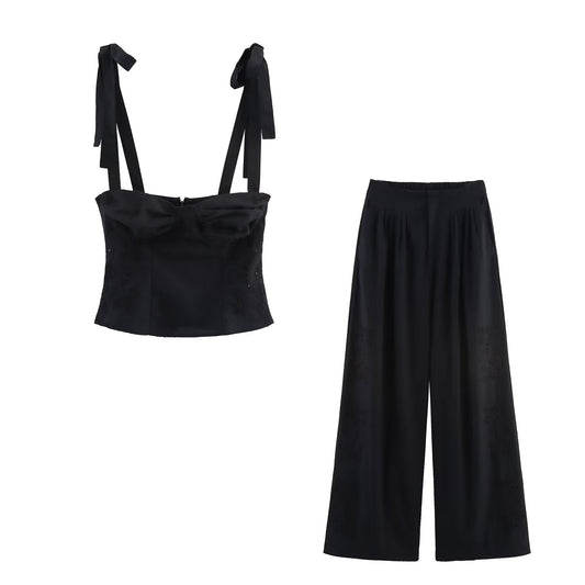 Suit Women's 2 pieces New Fashion bow strap short embroidered top+Pants suit