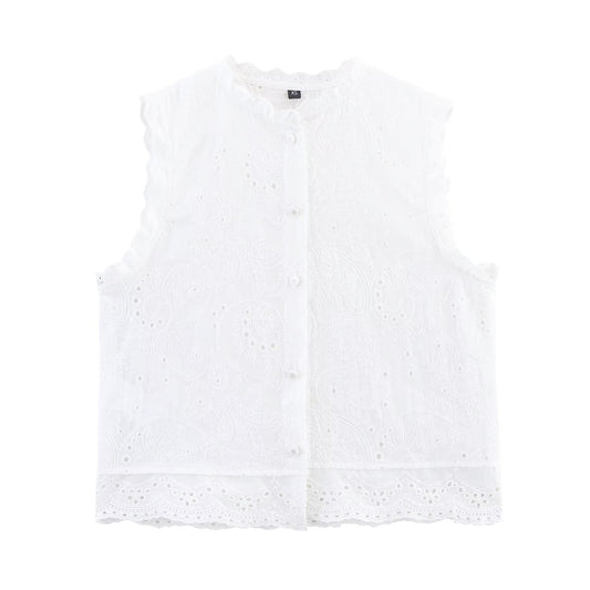 Women's new fashion casual single breasted hollow embroidery vest top