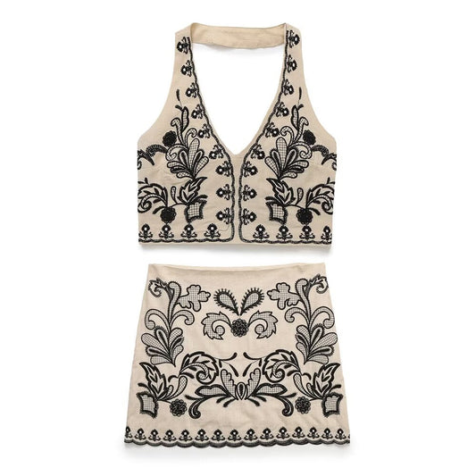 Women's new fashion short embroidered hanging collar top+Skirts suit