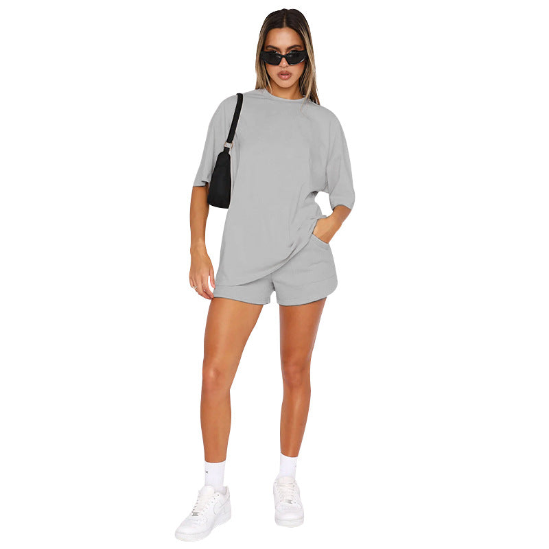 Women's Summer New Wild Polyester-cotton Solid Color Round Neck Sleeve Top Casual Shorts Suit