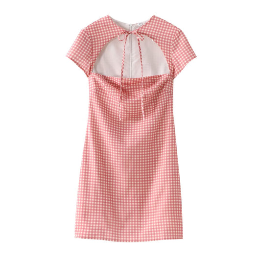 Women's New Fashion bow Lace up decoration slim plaid mini dress
