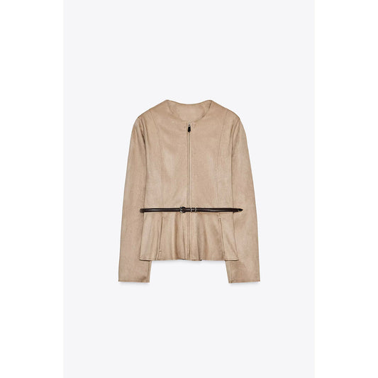 Women's new fashion with Belt suede effect short skirt style hem jacket Coat