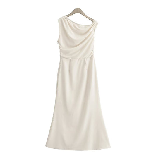 Women's Fashion Slant Shoulder Collar Sleeveless Hip Wrapped Midi Dress