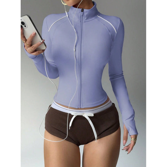Women's Short Sports Yoga Slim Fit Stand Collar Long Sleeve Jacket