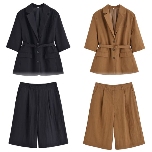 Women's new fashion with Belt five quarter sleeve button up suit coat+Shorts suit
