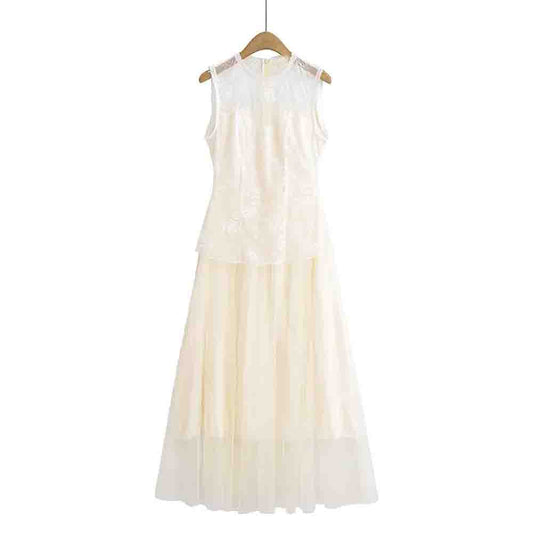 Women's New Fashion Lace Splicing Mesh Sleeveless Midi Dress