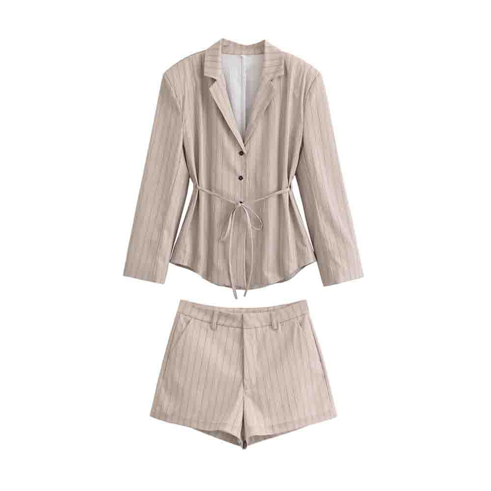 Women's new fashion with Belt long sleeved single breasted striped suit coat+Shorts Women's suit