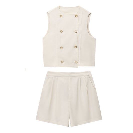 Women's new fashion linen blend double breasted sleeveless vest+Shorts suit