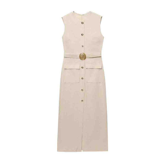 Women's new fashion buckle decoration sleeveless linen blended MIDI dress