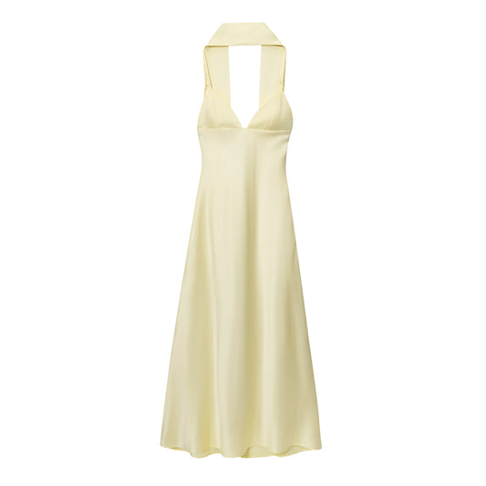 Women's New Fashion Scarf Decoration Satin Texture suspender Midi Dress