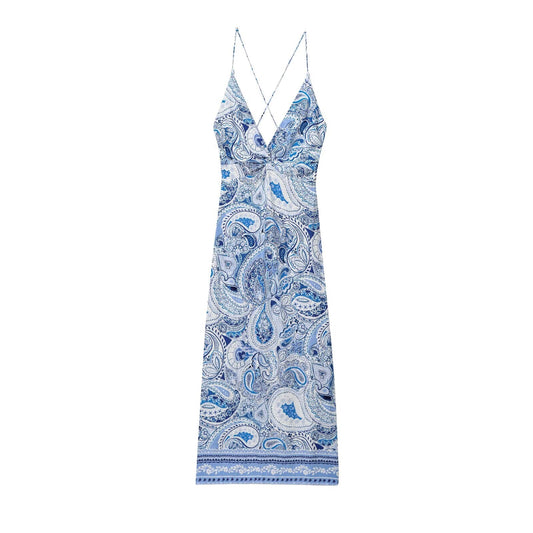 Women's 2025 Fashion Sleeveless V-neck Printed suspender Midi Dress
