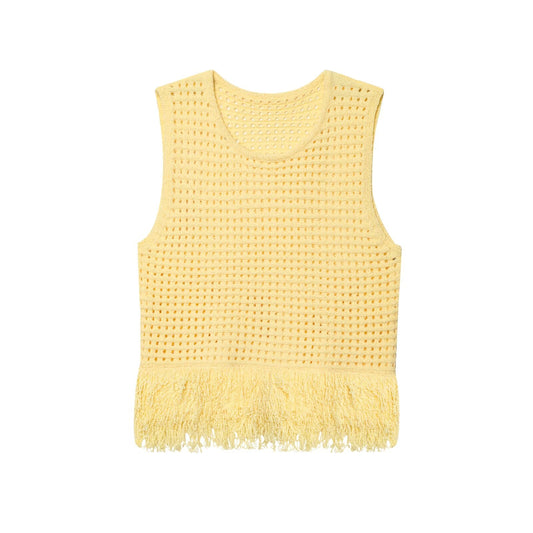 Women's New Fashion tassel decoration short plaid knitted top