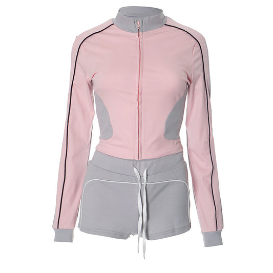 Women's New Stand-up Collar Slim Fitness Clothes Slim Top Sports Coat Shorts Suit