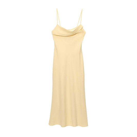 Women's New Fashion Solid Ramie Blended Underwear Style suspender Midi Dress
