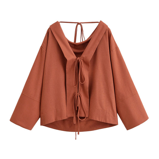 Women's New Fashion Loose Two Wear Hemp Blended Lace up Shirt