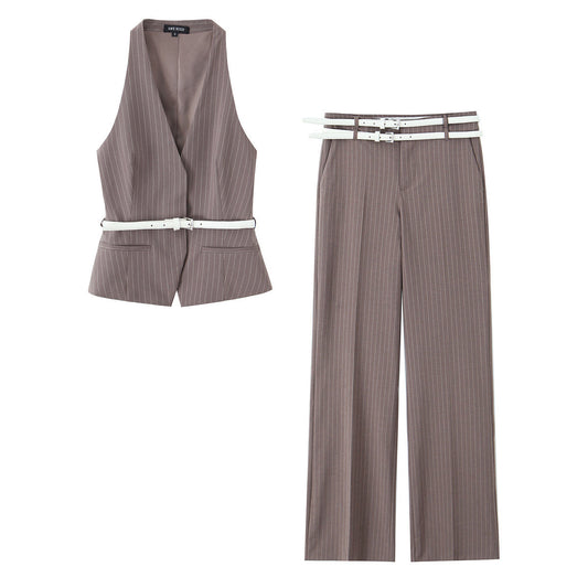 set woman 2 pieces2025 Fashion Wear a belt Vest top Vintage Female + Pants Women's suit