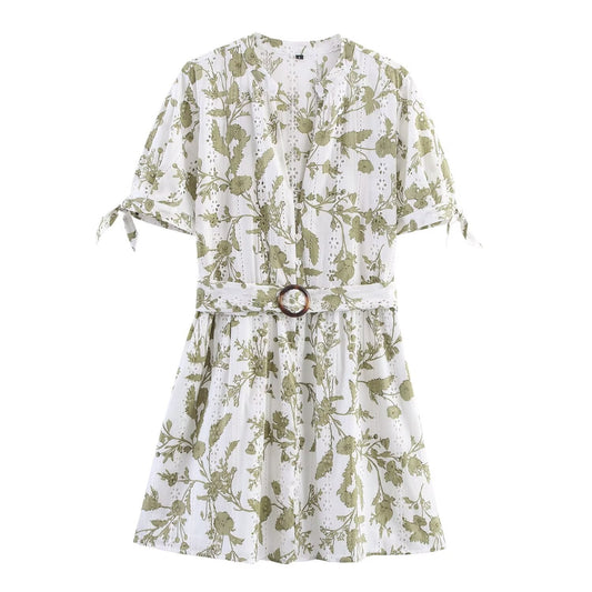 Women's New Fashion With Belt Hollow Embroidery Printed Mini Dress