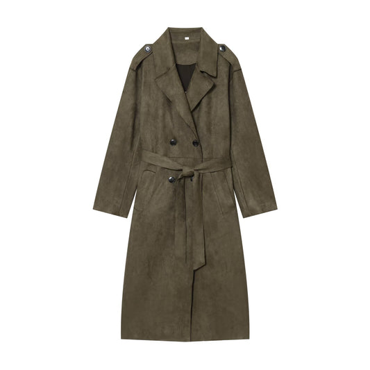 Women's new fashion with Belt long style suede effect windbreaker Coat