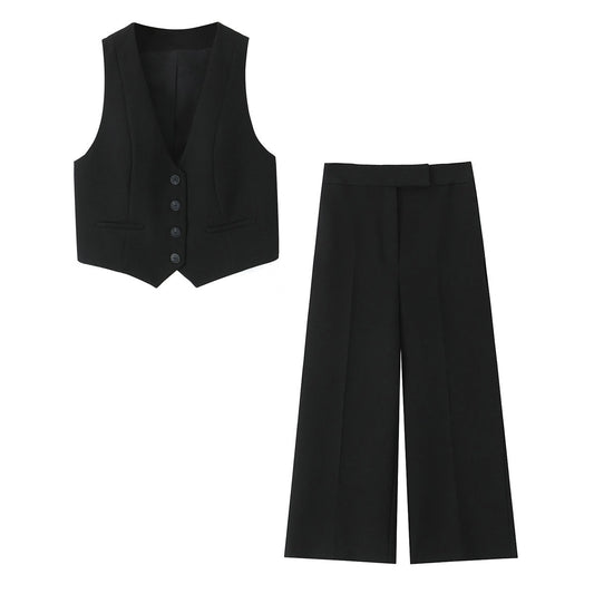 set woman 2 pieces2025 Fashion Short vest Vintage Female + Pants Women's suit