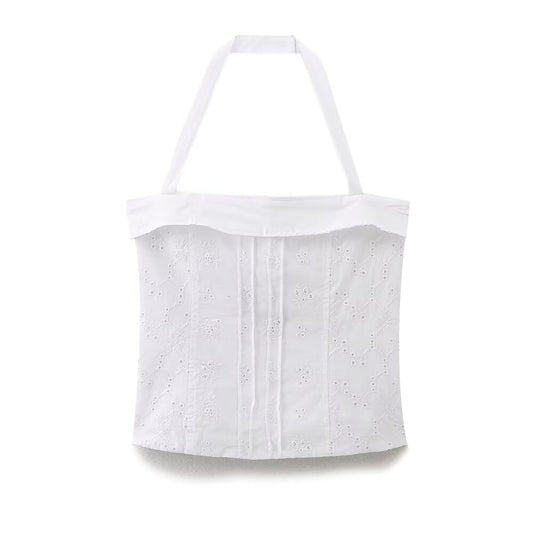 Women's new fashion slim embroidered poplin hanging neck collar top