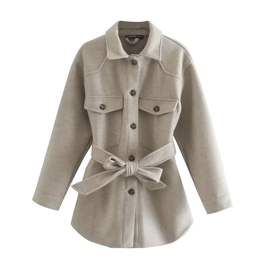 Women's 2024 new Fashion With belt loose single breasted shirt style warm woolen coat retro long sleeved women's coat chic