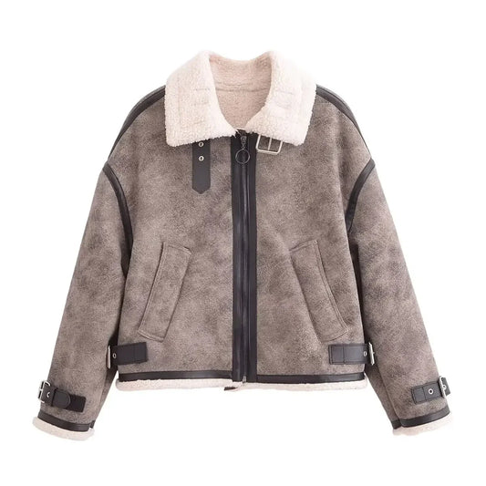 Women's Winter Fashion Casual Side Pocket Short Warm Fur Faux Leather Jacket Coat Retro Long Sleeve Zipper Women's Coat Chic Top