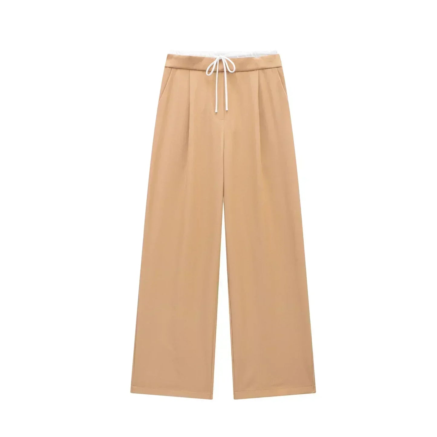 Women's New Fashion Pleated Splicing Design Loose Casual Wide Leg Pants Retro Elastic Waist Side Pockets Women's Pants