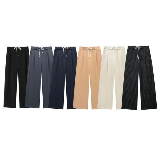 Women's New Fashion Pleated Splicing Design Loose Casual Wide Leg Pants Retro Elastic Waist Side Pockets Women's Pants