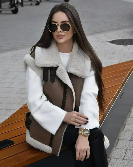 Women 2024 autumn New Fashion Fleece stitching vest Vintage Sleeveless  Pockets Female Waistcoat Chic Tops