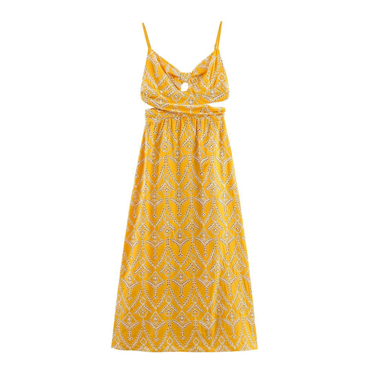 Women's New Fashion Sleeveless backless Embroidered suspender Midi Dress
