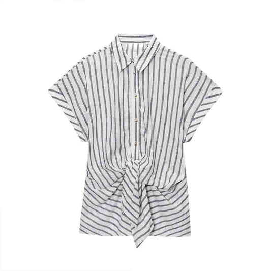 Women's new fashion knot decoration linen blended striped shirt