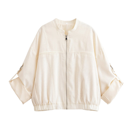 Women's new Fashion rolled up sleeve design loose zipper jacket coat