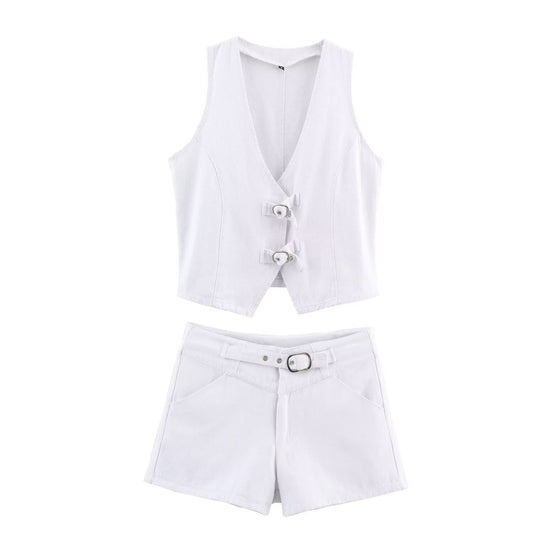 Women's new fashion short V-neck sleeveless denim vest+shorts suit