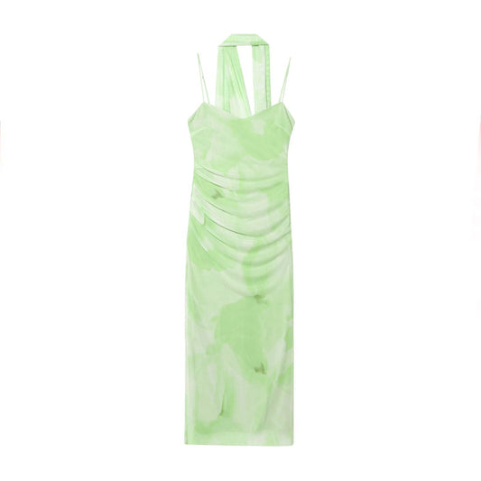 Women's New Fashion scarf decoration tulle pleated suspended Midi dress