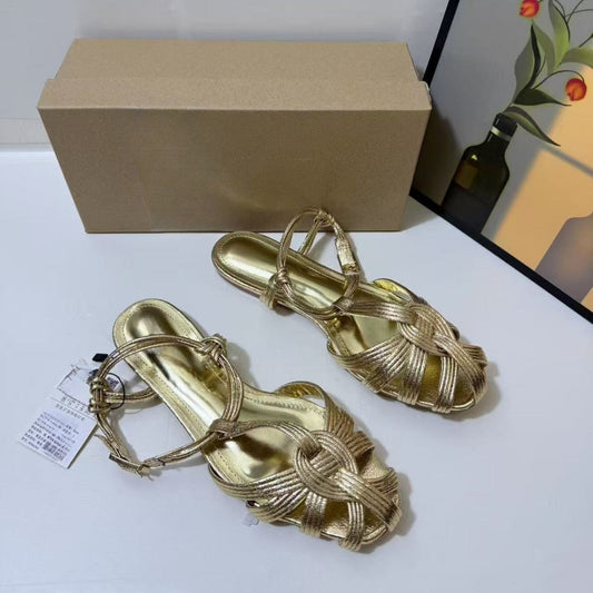 Women's New Fashion Joker Gold-plated Layer Effect Foot Backpack Strap Sandals Slippers Flat Shoes.