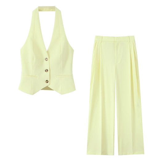 set woman 2 pieces2025 Fashion Neck-hanging vest type Tops Vintage Female + Pants Women's suit