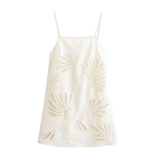 Women's New Fashion Linen Blended Hollow Embroidered suspender Mini Dress