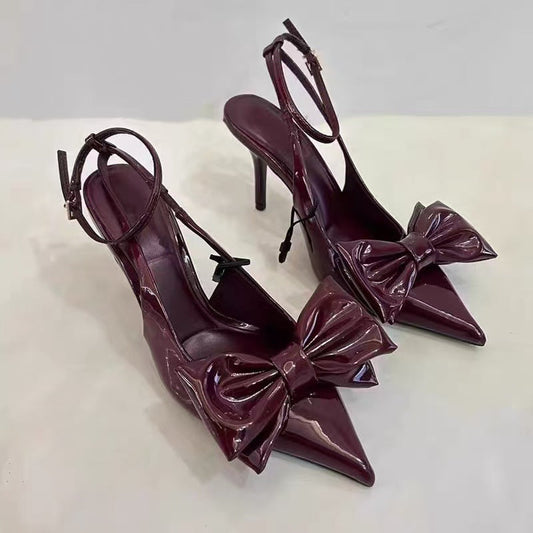 Women's New Fashion Joker Red Bow Decorated with High-heeled Shoes with Stiletto Sandals.