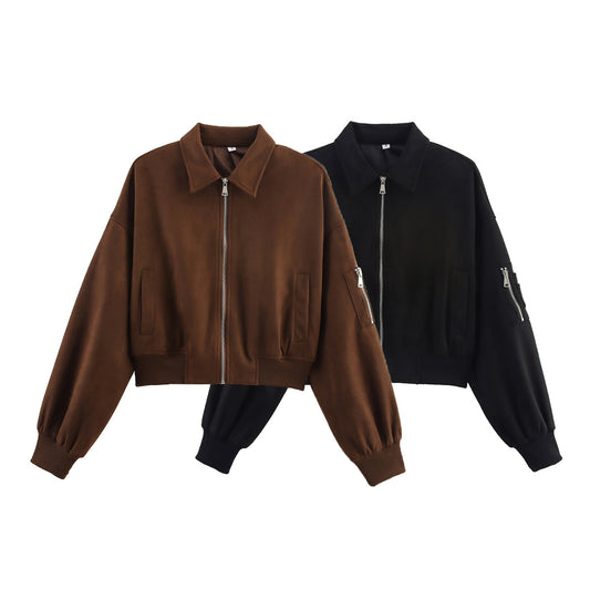 Women's new fashion short suede texture flight jacket Coat
