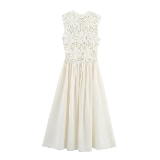 Women's New Fashion Sleeveless Flower Embroidered Splicing Midi Dress