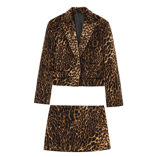 Women's new fashion short printed striped velvet suit jacket+Skirts suit